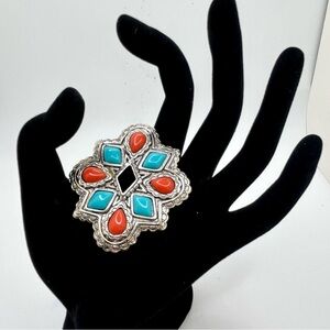 Southwestern Style Silver Tone Brooch Turquoise & Coral Look